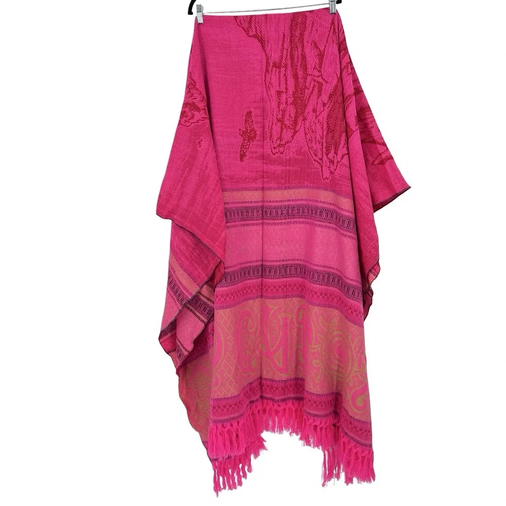 Mexico Los Cabos Woven Blanket Wall Hanging Pink Tapestry Fringe Boho 57x90
